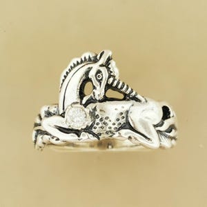 Sterling Silver Unicorn Ring Birthstone Design Vintage Style Fantasy Jewelry Gift Idea Mythical Creature Accessory Magical Collection Dainty Size Everyday Wear Perfect Present Birthday Celebration Quality Silver Construction Faceted Stone