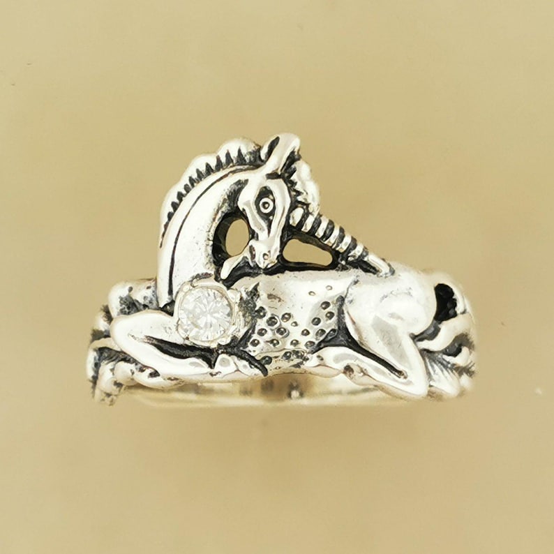 Sterling Silver Unicorn Ring Birthstone Design Vintage Style Fantasy Jewelry Gift Idea Mythical Creature Accessory Magical Collection Dainty Size Everyday Wear Perfect Present Birthday Celebration Quality Silver Construction Faceted Stone