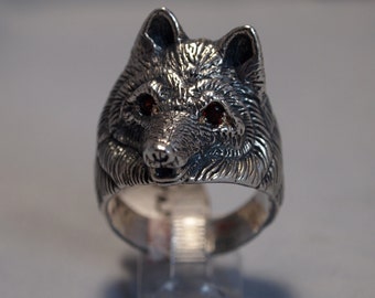 Wolf Ring with Gemstone Eyes in 925 Silver, Large Wolf Head Ring, Mens Wolf Ring, Wolf Jewelry, Gemtone Wolf Jewellery, Gift For Wolf Lover