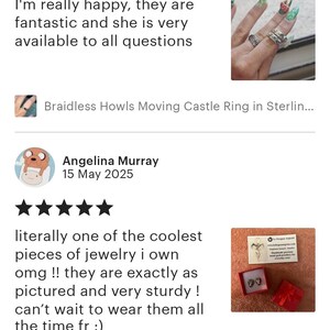 three reviews and two images. The reviews express happiness and satisfaction with the jewelry, specifically the Braidless Howls Moving Castle Ring inSTERLIN... and the Sterling Silver F7 Wolf Stud Earrings, FFVI...