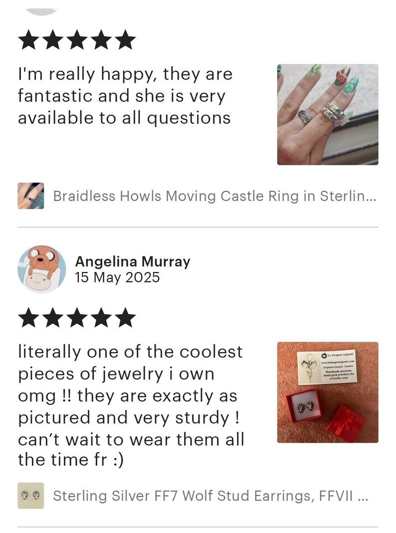 three reviews and two images. The reviews express happiness and satisfaction with the jewelry, specifically the Braidless Howls Moving Castle Ring inSTERLIN... and the Sterling Silver F7 Wolf Stud Earrings, FFVI...