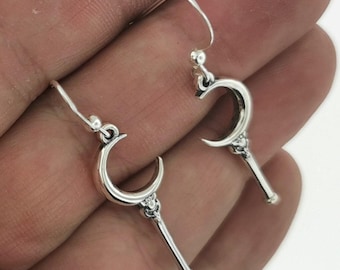 Crescent Moon Wand Earrings in Sterling Silver or Antique Bronze Lunar Wand Earrings Magical Girl Anime Earrings Geeky Earrings