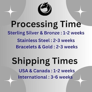 text that provides shipping information for various types of jewelry, including Sterling Silver & Bronze, Stainless Steel, Bracelets & Gold, and Bracelets & Gold. The text indicates the shipping times for these items, with the United States and Canada taking 1-2 weeks, and International taking 3-6 weeks.