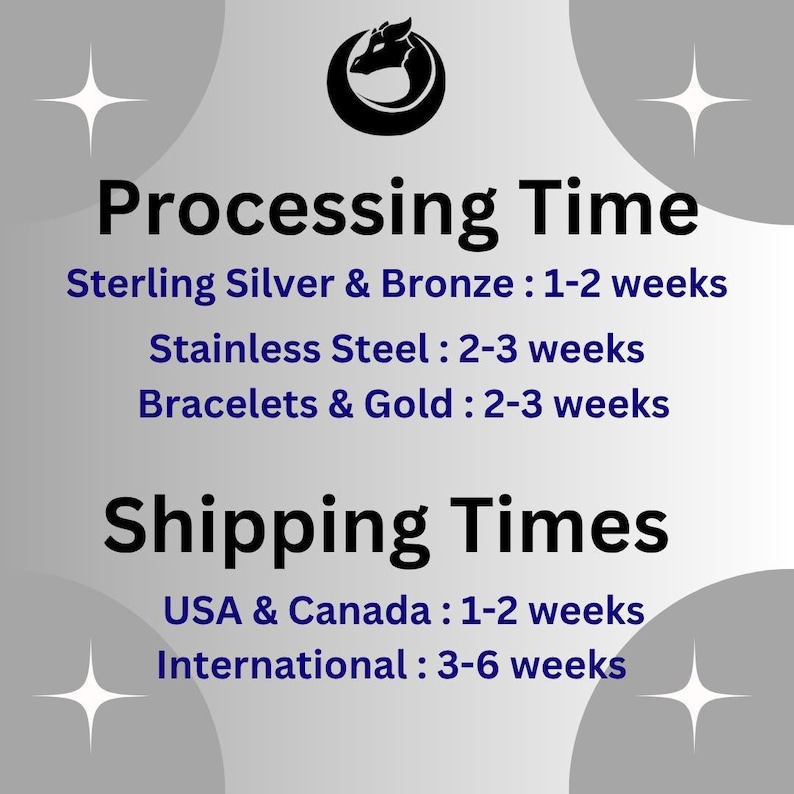 text that provides shipping information for various types of jewelry, including Sterling Silver & Bronze, Stainless Steel, Bracelets & Gold, and Bracelets & Gold. The text indicates the shipping times for these items, with the United States and Canada taking 1-2 weeks, and International taking 3-6 weeks.