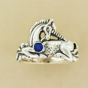 Sterling Silver Unicorn Ring Birthstone Design Vintage Style Fantasy Jewelry Gift Idea Mythical Creature Accessory Magical Collection Dainty Size Everyday Wear Perfect Present Birthday Celebration Quality Silver Construction Faceted Stone
