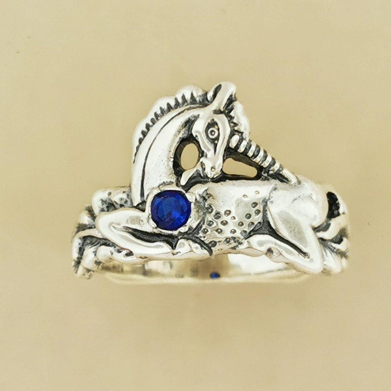 Sterling Silver Unicorn Ring Birthstone Design Vintage Style Fantasy Jewelry Gift Idea Mythical Creature Accessory Magical Collection Dainty Size Everyday Wear Perfect Present Birthday Celebration Quality Silver Construction Faceted Stone