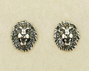 Lion Head Stud Earrings in Sterling Silver Leo Earrings Lion Stud Earrings