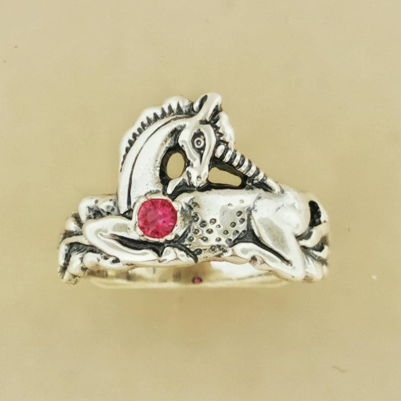 Sterling Silver Unicorn Ring Birthstone Design Vintage Style Fantasy Jewelry Gift Idea Mythical Animal Accessory Magical Classic Dainty July birthstone