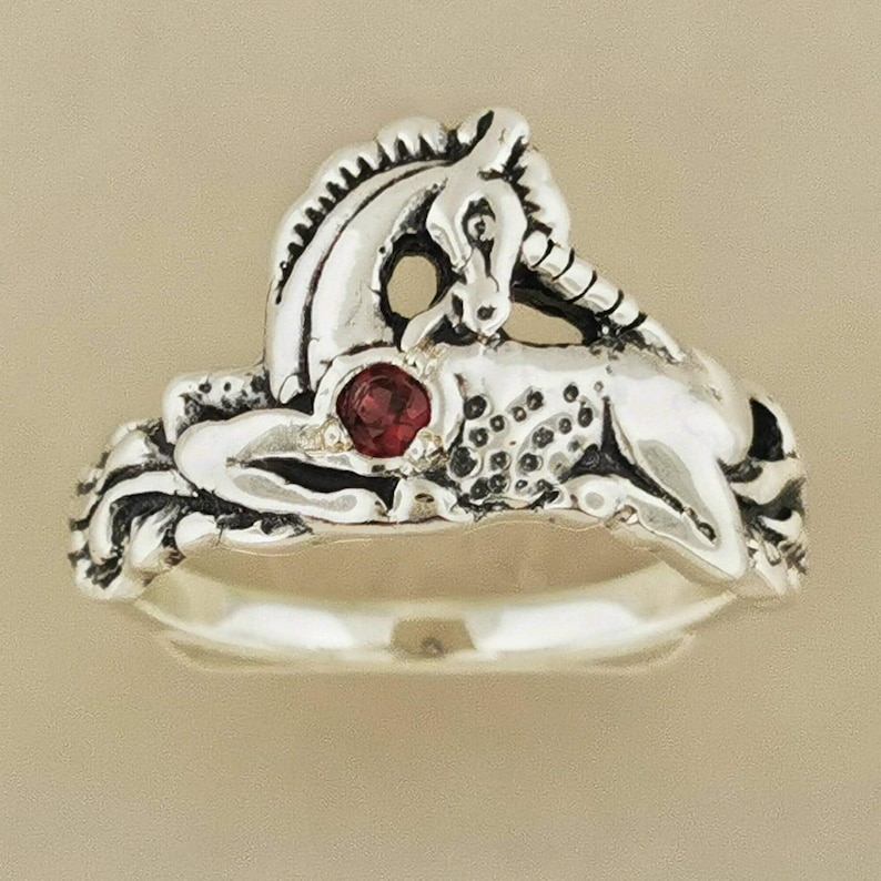 Sterling Silver Unicorn Ring Birthstone Design Vintage Style Fantasy Jewelry Gift Idea Mythical Animal Accessory Magical Classic Dainty January birthstone
