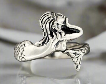 Bague Argentée Sirènes & Perle Ronde – Taille 52, Argent Sterling – Occasion