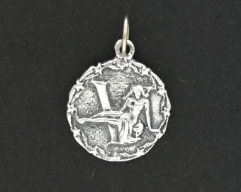 Zodiac Medallion Virgo in Sterling Silver or Antique Bronze, Vintage Style Zodiac Medallion, Mid Century Zodiac Charm Pendant