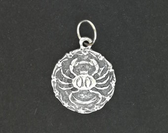Zodiac Medallion Cancer in Sterling Silver and Antique Bronze, Vintage Style Zodiac Medallion, Mid Century Zodiac Charm Pendant