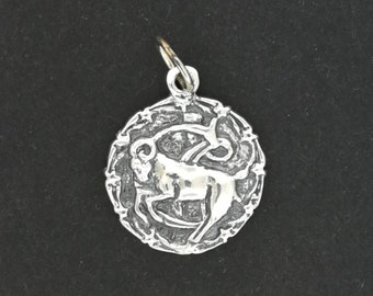 Zodiac Medallion Capricorn in Sterling Silver or Antique Bronze, Vintage Style Zodiac Medallion, Mid Century Zodiac Charm Pendant