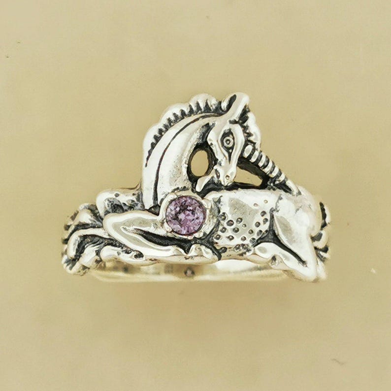 Sterling Silver Unicorn Ring Birthstone Design Vintage Style Fantasy Jewelry Gift Idea Mythical Creature Accessory Magical Collection Dainty Size Everyday Wear Perfect Present Birthday Celebration Quality Silver Construction Faceted Stone