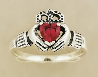 Claddagh Ring with Synthetic Ruby Heart in Sterling Silver or Antique Bronze Irish Love Ring Celtic Promise Ring for Women or Girls Jewelry