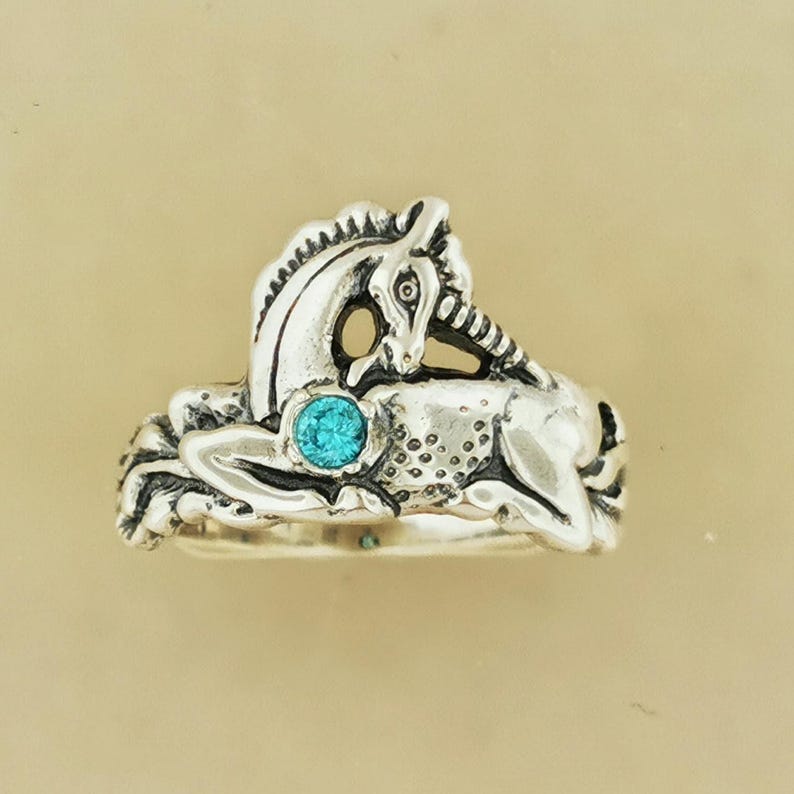 Sterling Silver Unicorn Ring Birthstone Design Vintage Style Fantasy Jewelry Gift Idea Mythical Animal Accessory Magical Classic Dainty December birthstone