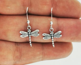 Dragonfly Dangle Charm Earrings In 925 Sterling Silver Or Bronze Jewelry Handmade Insect Accessory Bohemian Statement Piece Nature Inspired