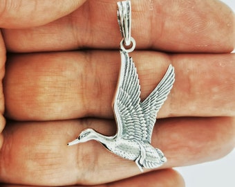 Flying Duck Pendant in 925 Silver or Bronze, Gift For Duck Lover, Mallard Duck Charm, Duck Jewelry, Mallard Duck Necklace, Animal Charm
