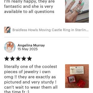 three reviews and two images. The reviews express satisfaction with the jewelry, specifically the Braidless Howls Moving Castle Ring inSTERLIN... and the Sterling Silver F7 Wolf Stud Earrings, FFVI...