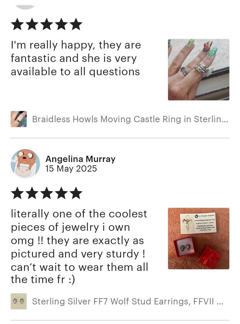 three reviews and two images. The reviews express satisfaction with the jewelry, specifically the Braidless Howls Moving Castle Ring inSTERLIN... and the Sterling Silver F7 Wolf Stud Earrings, FFVI...