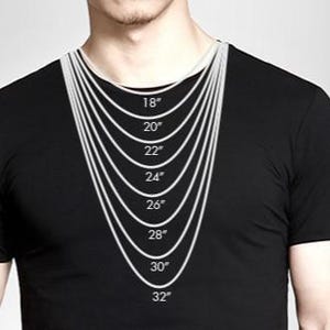 a close-up of a man's neck and chest area, with a series of white lines representing the sizes of various necklaces. The lines indicate the length of the necklaces in inches, ranging from 18 to 32 inches.