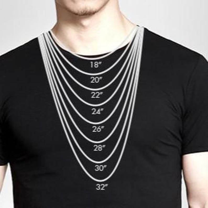 a close-up of a man's neck and chest area, with a series of white lines representing the sizes of various necklaces. The lines indicate the length of the necklaces in inches, ranging from 18 to 32 inches.