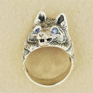 Wolfring met edelsteenogen in 925 zilver grote wolfskopring herenwolfring Wolf sieraden edelsteen Wolf sieraden cadeau voor wolvenliefhebber