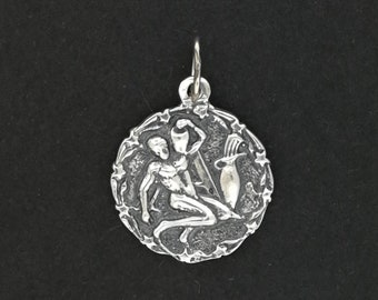 Zodiac Medallion Aquarius in Sterling Silver or Antique Bronze, Vintage Style Zodiac Medallion, Mid Century Zodiac Charm Pendant