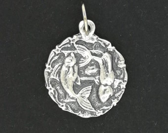 Zodiac Medallion Pisces in Sterling Silver or Antique Bronze, Vintage Style Zodiac Medallion, Mid Century Zodiac Charm Pendant