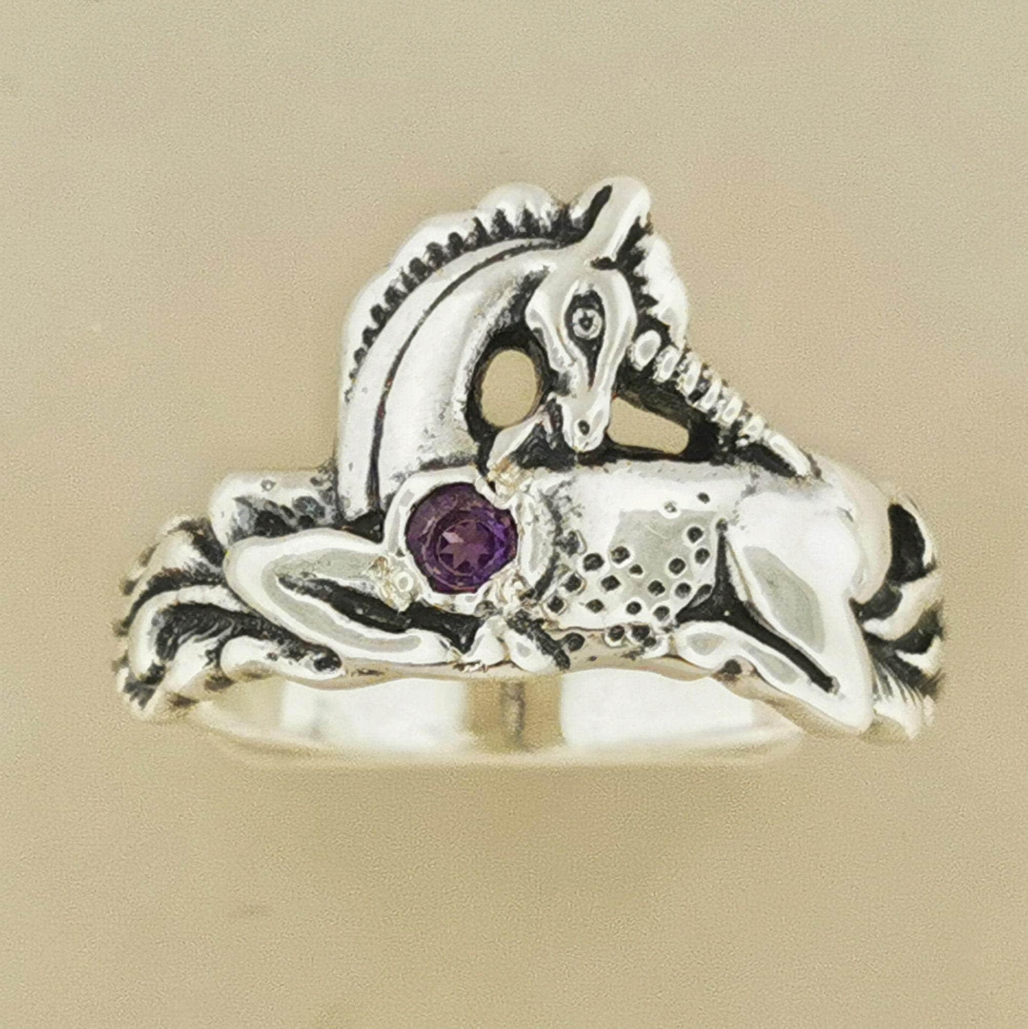 Sterling Silver Unicorn Ring Birthstone Design Vintage Style Fantasy