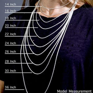 a close-up of a person's neck and chest area, with a series of necklace chains of varying lengths labeled next to the person.