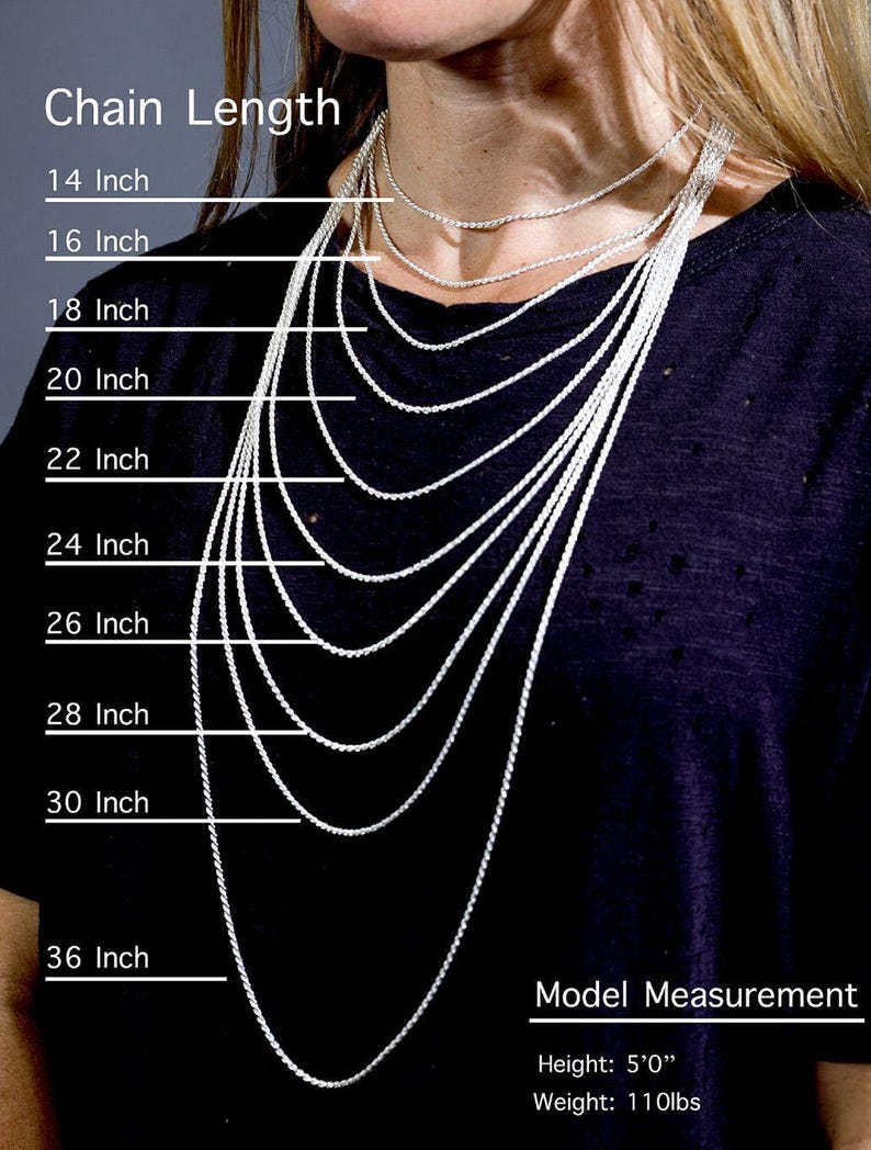 a close-up of a person's neck and chest area, with a series of necklace chains of varying lengths labeled next to the person.