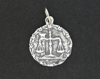 Zodiac Medallion Libra in Sterling Silver or Antique Bronze, Vintage Style Zodiac Medallion, Mid Century Zodiac Charm Pendant