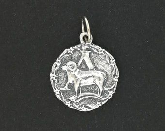 Zodiac Medallion Aries in Sterling Silver and Antique Bronze, Vintage Style Zodiac Medallion, Mid Century Zodiac Charm Pendant