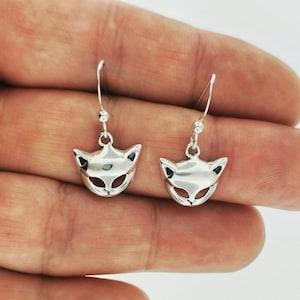 Cat Mask Charm Earrings in Sterling Silver or Antique bronze Animal Jewelry Cat Lover Earrings