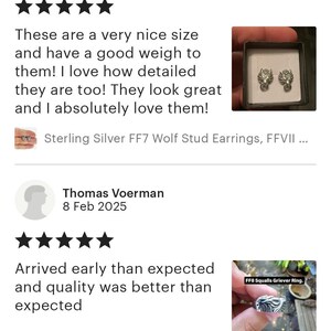 a review of a jewelry piece, specifically a wolf stud earring, and a review of a ring featuring a fantasy element. The reviews are from different individuals and are described as positive, with one person loving the earrings and another person loving the ring. The reviews are written in a star rating format, and the image is described as a collage of multiple images.