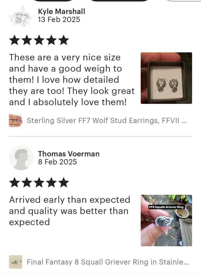 a review of a jewelry piece, specifically a wolf stud earring, and a review of a ring featuring a fantasy element. The reviews are from different individuals and are described as positive, with one person loving the earrings and another person loving the ring. The reviews are written in a star rating format, and the image is described as a collage of multiple images.