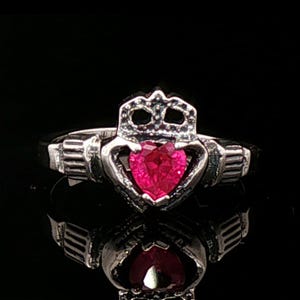 Claddagh Ring with Synthetic Ruby Heart in Sterling Silver or Antique Bronze Irish Love Ring Celtic Promise Ring for Women or Girls Jewelry