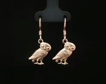 Hellenic Owl Charm Earrings In 925 Silver Bronze Greek Goddess Jewelry Design Dangle Accessory Ancient Style Handmade Mythology Animal Charm
