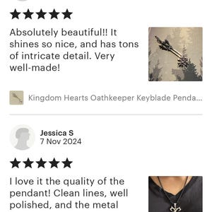 The image is a screenshot of a review page for a product, specifically a keychain pendant. The review is written by a user named Jessica S, who rated the product 5 stars and wrote a glowing review about the quality of the keychain. She described the keychain as "very pretty" and "well-made," and noted that it doesn't irritate her skin. She also mentioned that she was very happy with her purchase and that it arrived much sooner than expected.