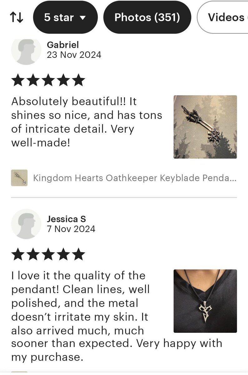 The image is a screenshot of a review page for a product, specifically a keychain pendant. The review is written by a user named Jessica S, who rated the product 5 stars and wrote a glowing review about the quality of the keychain. She described the keychain as "very pretty" and "well-made," and noted that it doesn't irritate her skin. She also mentioned that she was very happy with her purchase and that it arrived much sooner than expected.
