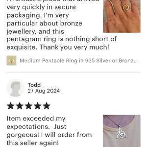 A fantastic piece that arrived very quickly in secure packaging. I'm very particular about bronze jewellery, and this pentagram ring is nothing short of exquisite. Thank you very much!