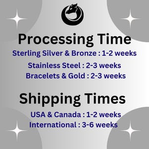 text that provides shipping information for various types of jewelry, including Sterling Silver & Bronze, Stainless Steel, Bracelets & Gold, and Bracelets & Gold. The text indicates the shipping times for these items, with the United States and Canada taking 1-2 weeks, and International taking 3-6 weeks.