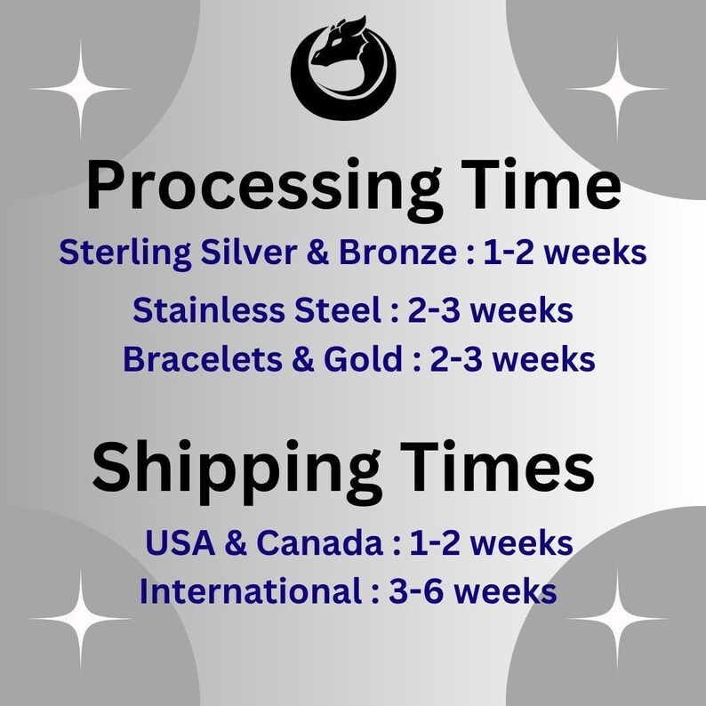 text that provides shipping information for various types of jewelry, including Sterling Silver & Bronze, Stainless Steel, Bracelets & Gold, and Bracelets & Gold. The text indicates the shipping times for these items, with the United States and Canada taking 1-2 weeks, and International taking 3-6 weeks.