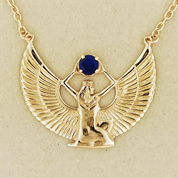 Bronze Winged Isis Necklace with Lapis Lazuli Egyptian Goddess Necklace Classic Isis Jewelry Egyptian Pendant Gift for Her Winged Goddess