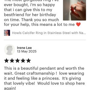 The image is a review of a pendant, specifically a Time Key Pendant in Sterling Silver or Antique. The review is written by Irene Lee, who rated the pendant as a beautiful craftsmanship piece and described it as a lovely vibe. The pendant is described as a stunning piece of jewelry, and the review expresses gratitude for the thoughtful gift.