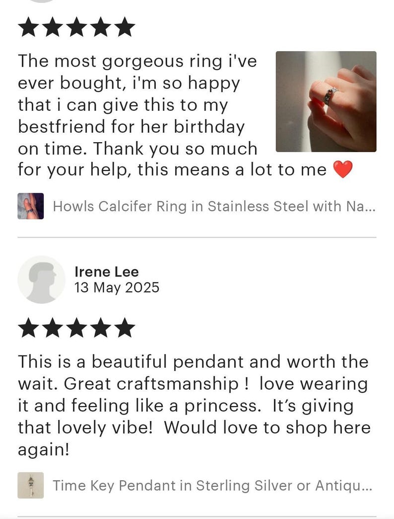 The image is a review of a pendant, specifically a Time Key Pendant in Sterling Silver or Antique. The review is written by Irene Lee, who rated the pendant as a beautiful craftsmanship piece and described it as a lovely vibe. The pendant is described as a stunning piece of jewelry, and the review expresses gratitude for the thoughtful gift.