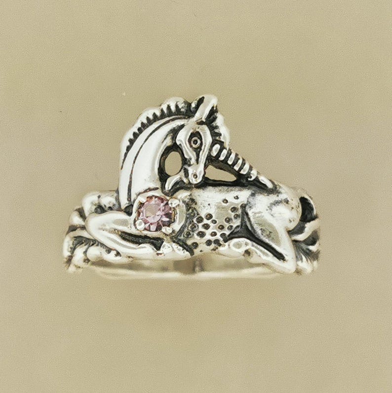 Sterling Silver Unicorn Ring Birthstone Design Vintage Style Fantasy Jewelry Gift Idea Mythical Creature Accessory Magical Collection Dainty Size Everyday Wear Perfect Present Birthday Celebration Quality Silver Construction Faceted Stone