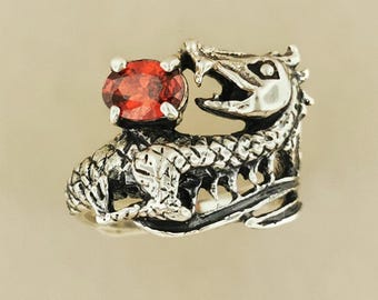 Birthstone Dragon Ring in Sterling Silver Vintage Aesthetic Dragon Jewelry Gift for Fantasy Lover Silver Birthstone Ring Unisex Dragon Ring