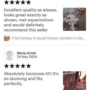 three reviews of jewelry items, including a pendant and a ring. The reviews are written in a rating system, with stars indicating the quality of the jewelry. The reviews are from different people, and they all have positive feedback about the jewelry items.
